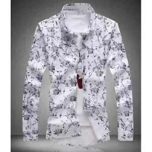Trendy Shirt Collar Splash-Ink Crown Print Slimming Long Sleeve Cotton Blend Shirt For Men - White 3xl