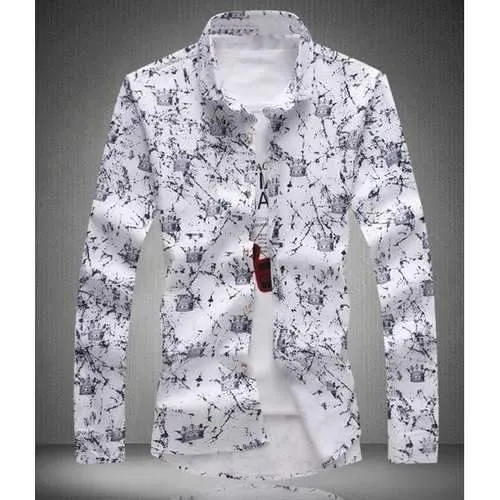 Trendy Shirt Collar Splash-Ink Crown Print Slimming Long Sleeve Cotton Blend Shirt For Men - White 3xl