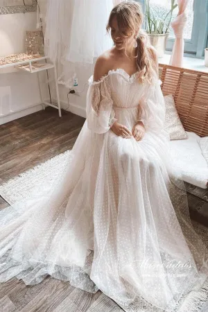 Tulle Polka Dots Off Shoulder Long Sleeves Boho Wedding Dresses, MW1051