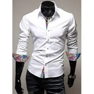 Turn-Down Collar Colorful Print Splicing Long Sleeve Men's Shirt - White M