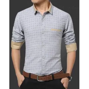 Turn-Down Collar Dot Print Color Block Edging Long Sleeve Slimming Men's Shirt - Gray M