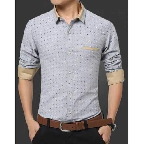 Turn-Down Collar Dot Print Color Block Edging Long Sleeve Slimming Men's Shirt - Gray M