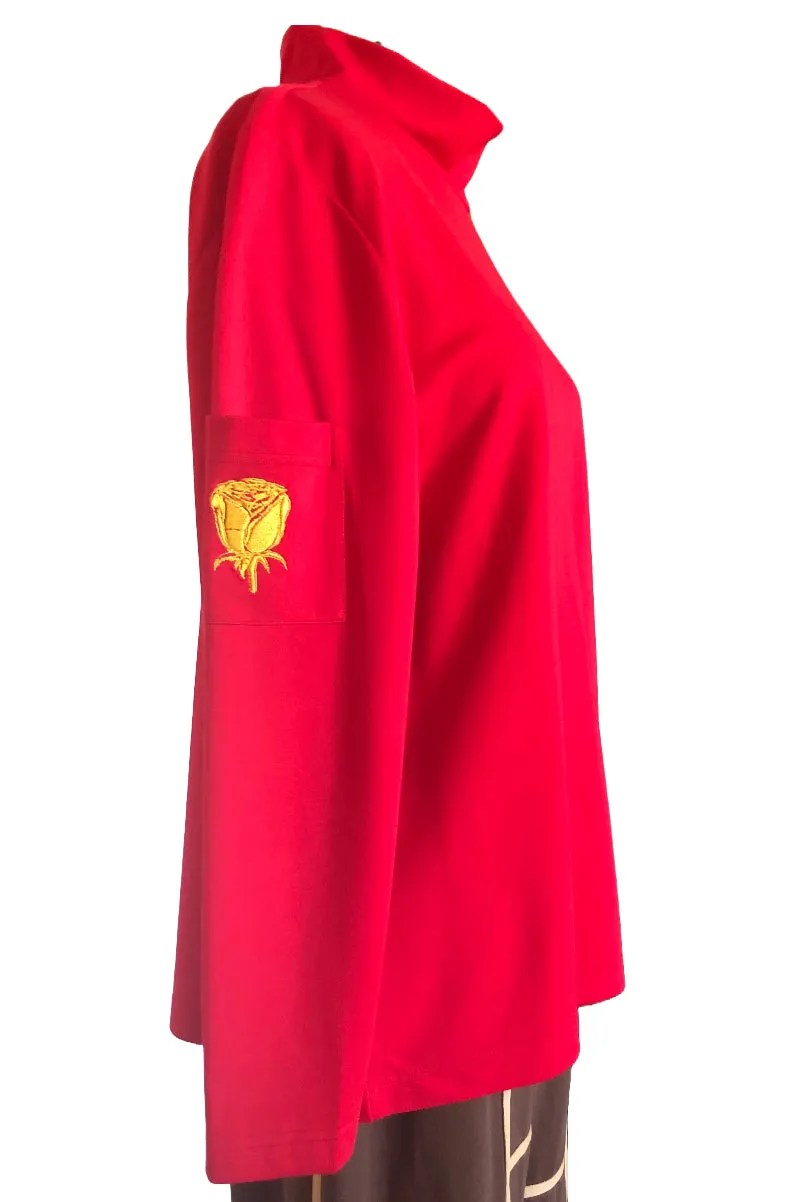 Turtle Neck Top with An Embroidered Gold Rose (Red) - Style # K1102