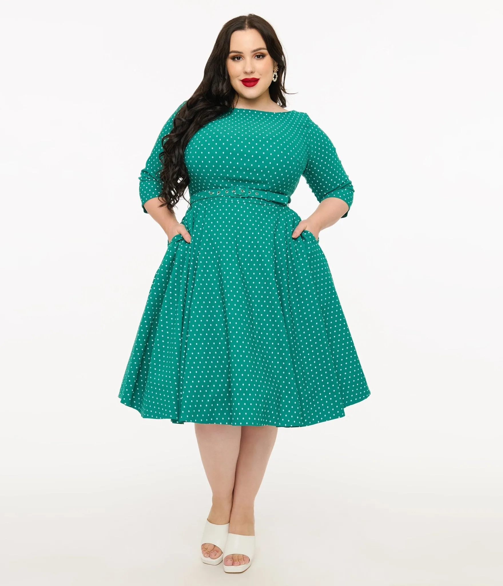 Unique Vintage Plus Size Teal & White Pin Dot Devon Swing Dress