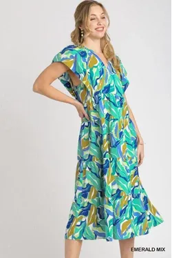 V-neck A line Floral Green Dress