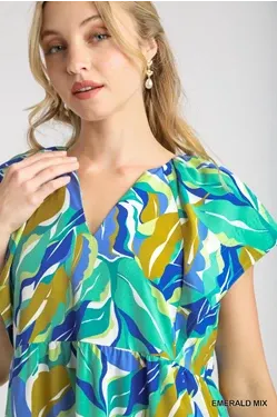 V-neck A line Floral Green Dress