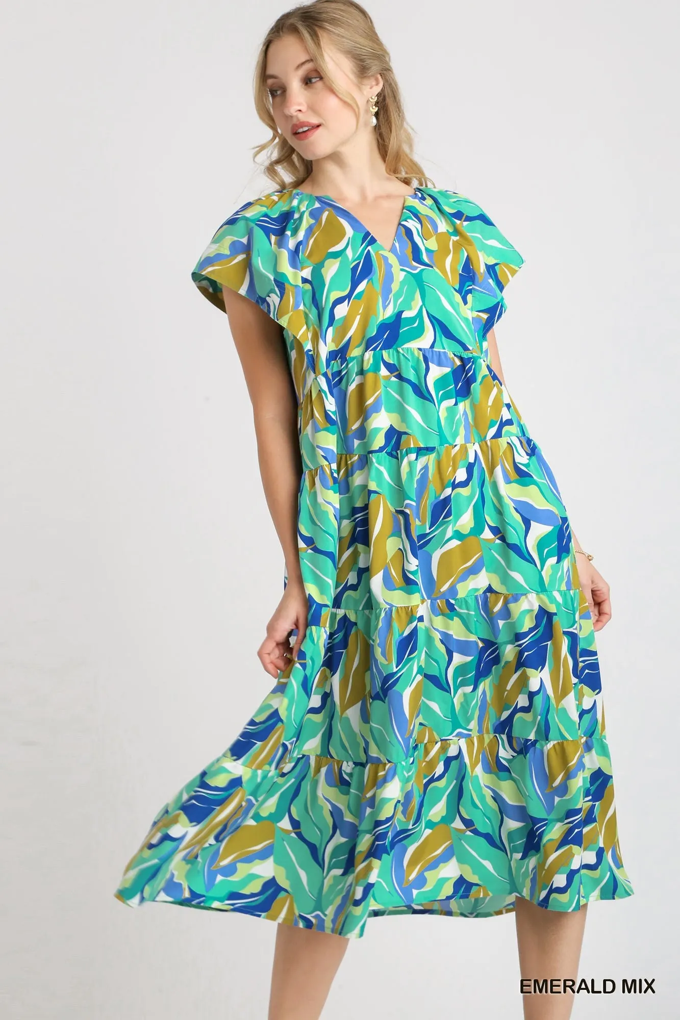 V-neck A line Floral Green Dress