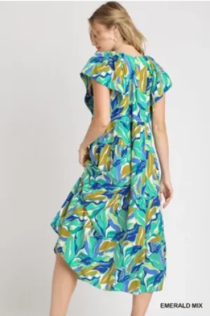 V-neck A line Floral Green Dress