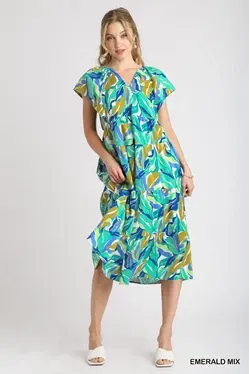 V-neck A line Floral Green Dress