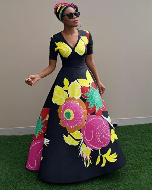 V Neck African Floral Print Short Sleeve Maxi Dress