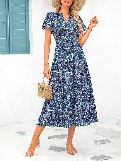 V-Neck Bubble Pleated Print Short Sleeve Pocket Dresses Wholesale Womens Clothing N3824070900025