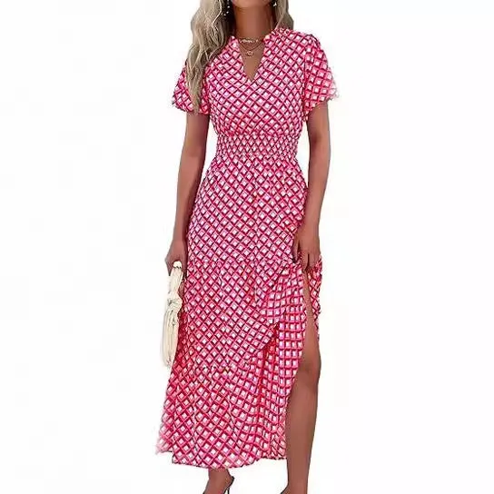 V-Neck Bubble Pleated Print Short Sleeve Pocket Dresses Wholesale Womens Clothing N3824070900025