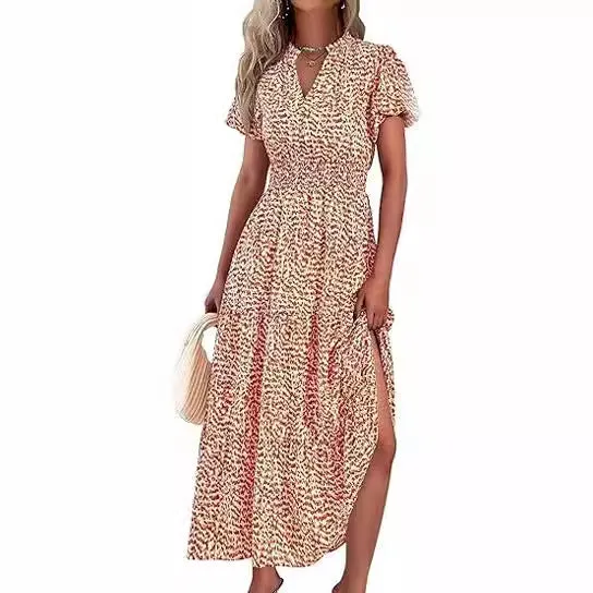 V-Neck Bubble Pleated Print Short Sleeve Pocket Dresses Wholesale Womens Clothing N3824070900025