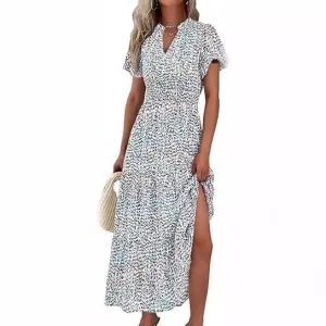 V-Neck Bubble Pleated Print Short Sleeve Pocket Dresses Wholesale Womens Clothing N3824070900025
