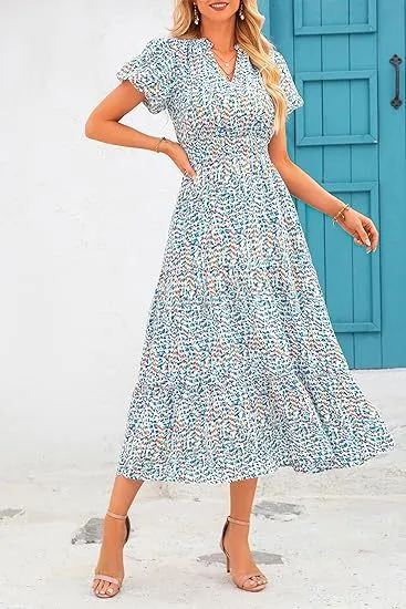 V-Neck Bubble Pleated Print Short Sleeve Pocket Dresses Wholesale Womens Clothing N3824070900025