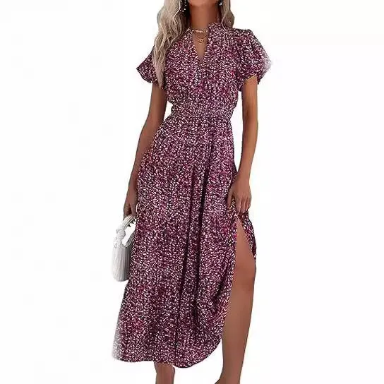 V-Neck Bubble Pleated Print Short Sleeve Pocket Dresses Wholesale Womens Clothing N3824070900025
