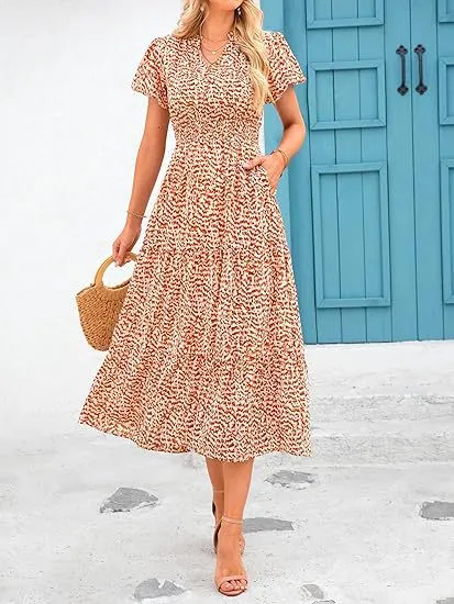 V-Neck Bubble Pleated Print Short Sleeve Pocket Dresses Wholesale Womens Clothing N3824070900025