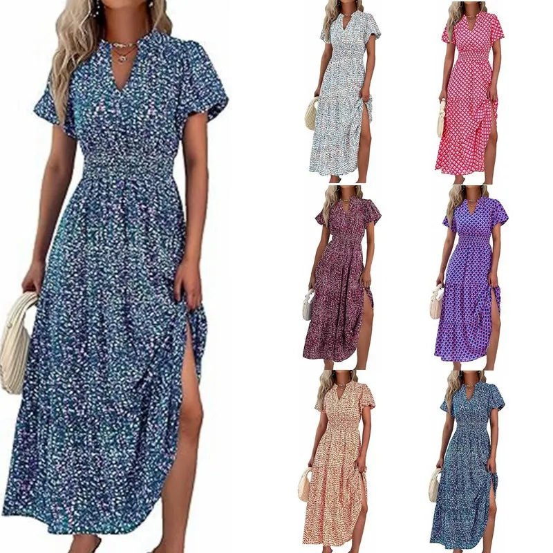 V-Neck Bubble Pleated Print Short Sleeve Pocket Dresses Wholesale Womens Clothing N3824070900025