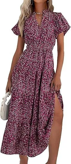 V-Neck Bubble Pleated Print Short Sleeve Pocket Dresses Wholesale Womens Clothing N3824070900025