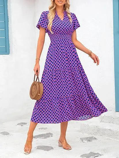 V-Neck Bubble Pleated Print Short Sleeve Pocket Dresses Wholesale Womens Clothing N3824070900025