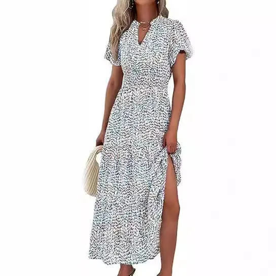 V-Neck Bubble Pleated Print Short Sleeve Pocket Dresses Wholesale Womens Clothing N3824070900025