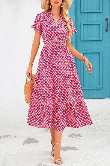 V-Neck Bubble Pleated Print Short Sleeve Pocket Dresses Wholesale Womens Clothing N3824070900025