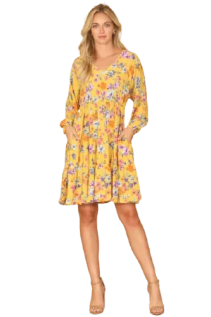 V Neck Floral Long Sleeve Tiered Dress Yellow Butter - Pack of 6