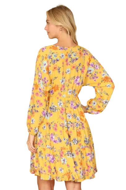 V Neck Floral Long Sleeve Tiered Dress Yellow Butter - Pack of 6