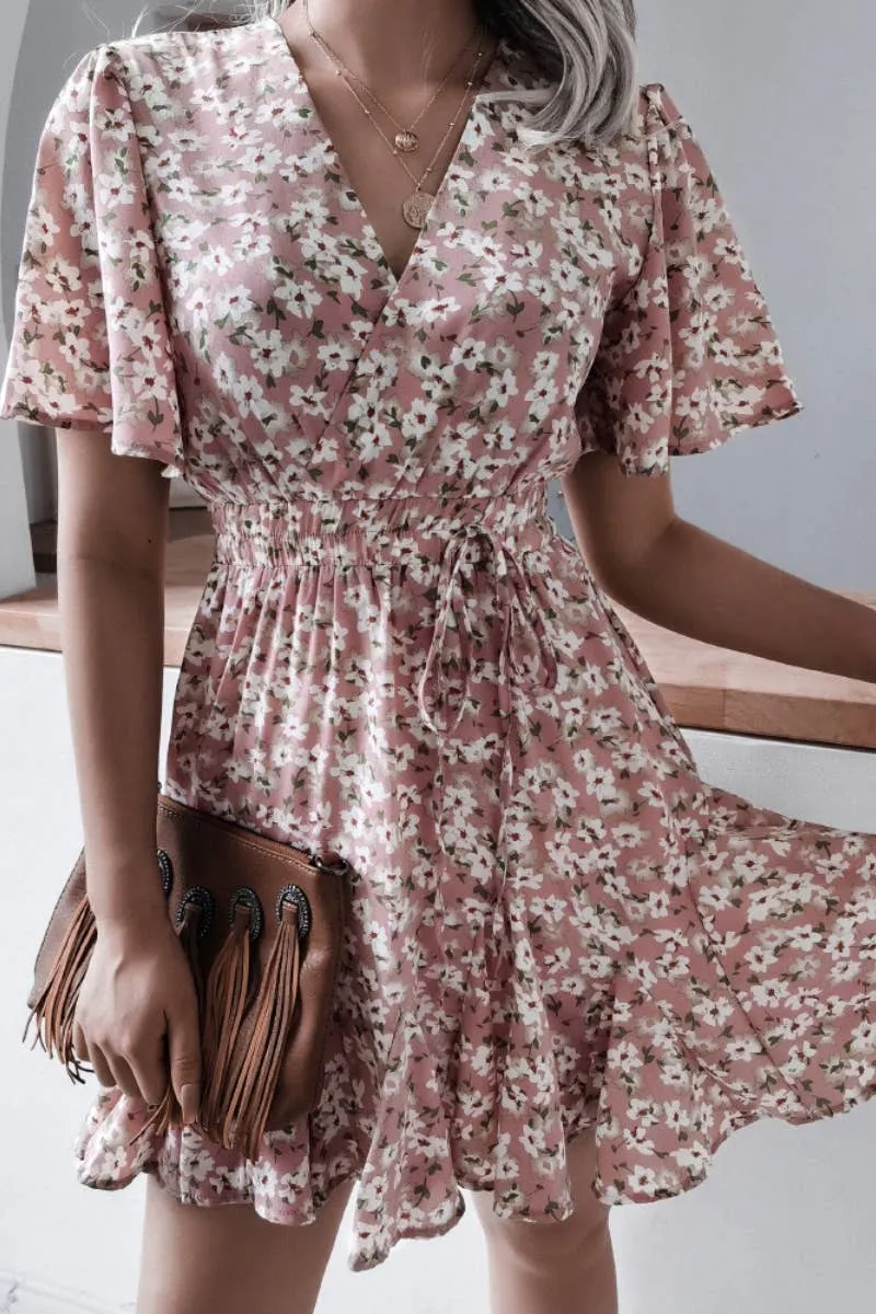 V-NECK FLORAL RUFFLED PLEATED DRESS SHORT