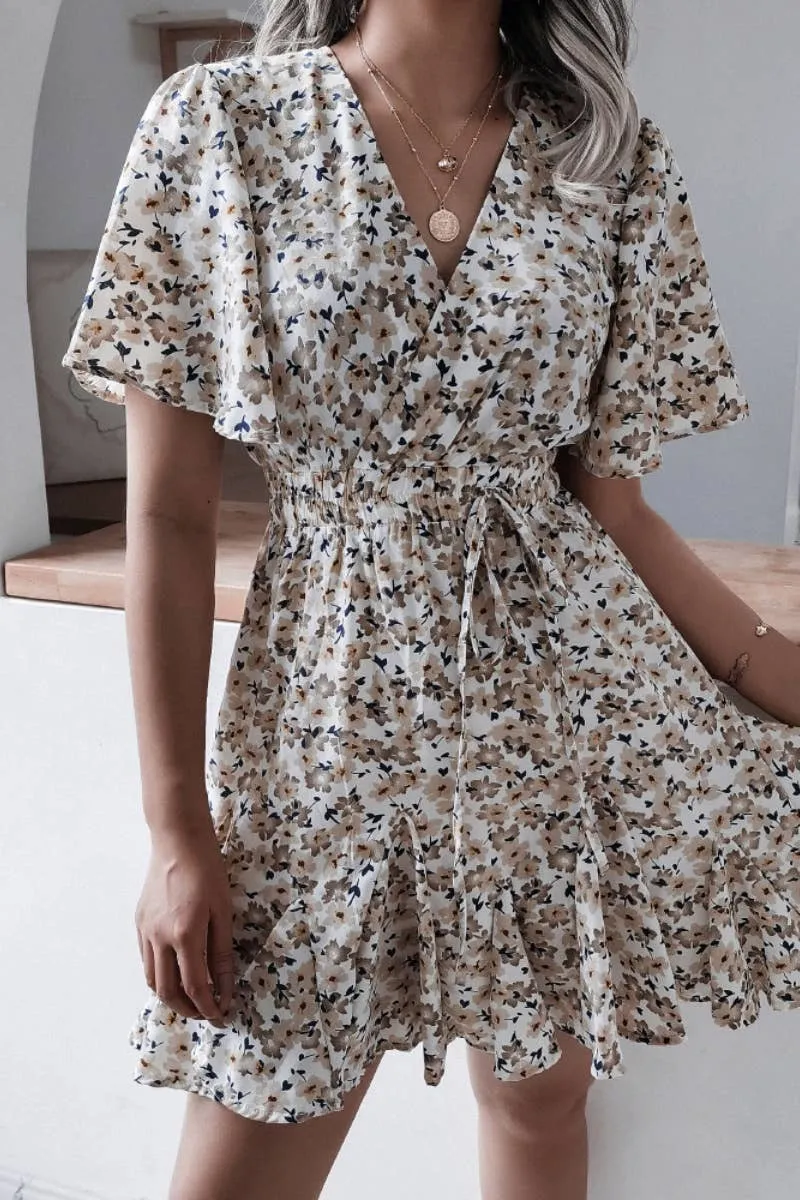 V-NECK FLORAL RUFFLED PLEATED DRESS SHORT