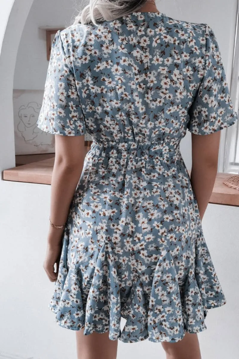 V-NECK FLORAL RUFFLED PLEATED DRESS SHORT