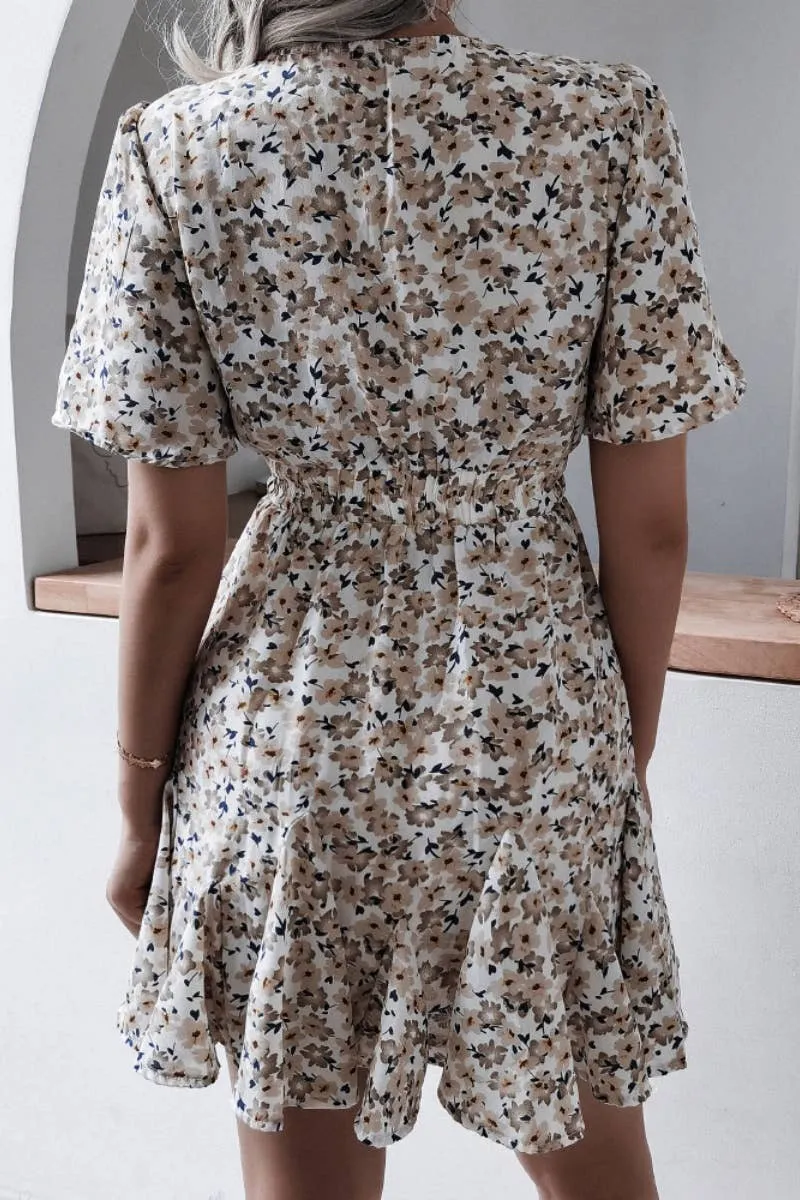 V-NECK FLORAL RUFFLED PLEATED DRESS SHORT