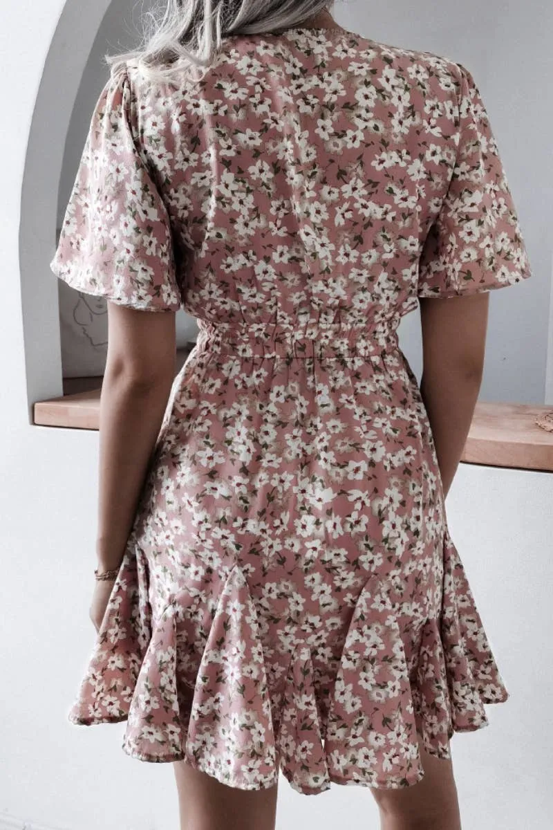 V-NECK FLORAL RUFFLED PLEATED DRESS SHORT