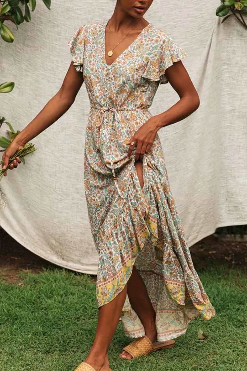 V-neck Lace Irregular Floral Dress