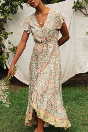 V-neck Lace Irregular Floral Dress