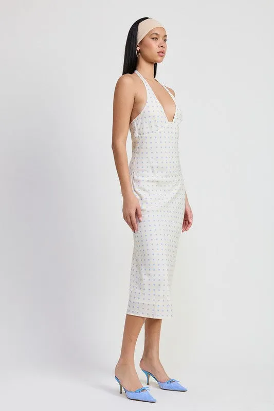 V NECK MAXI DRESS WITH NECK TIE