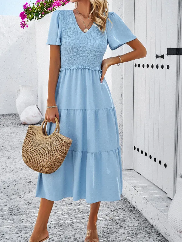 V-neck Polka Dot Midi Dress with Smocked Bodice and Puff Sleeves