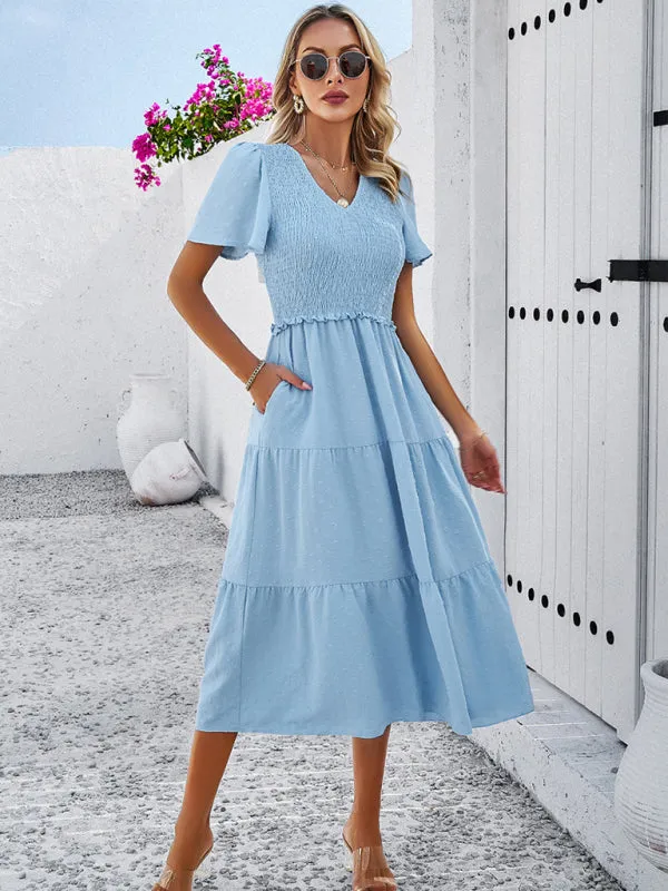 V-neck Polka Dot Midi Dress with Smocked Bodice and Puff Sleeves