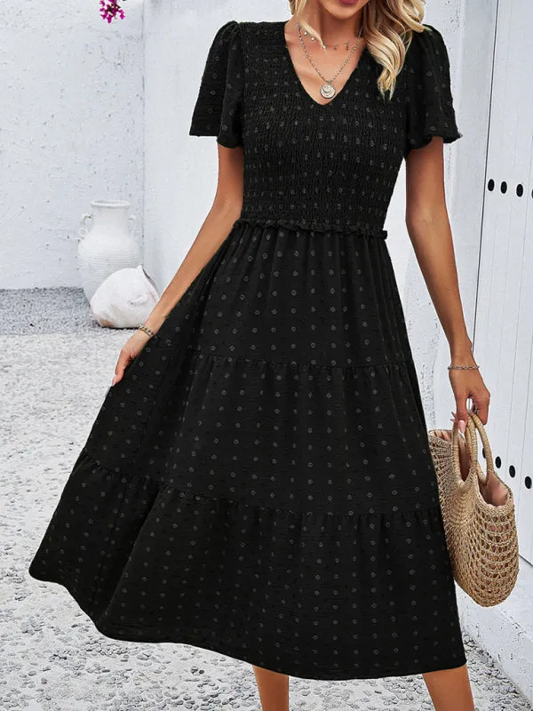 V-neck Polka Dot Midi Dress with Smocked Bodice and Puff Sleeves