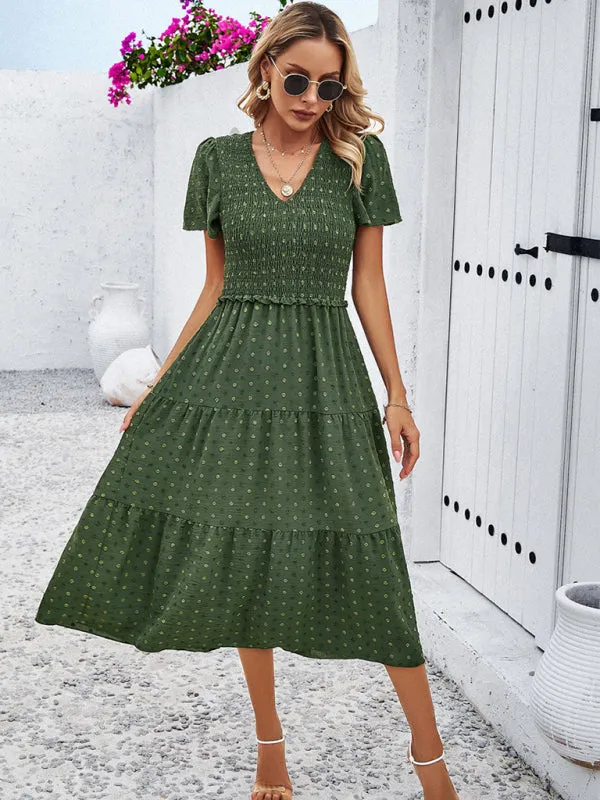 V-neck Polka Dot Midi Dress with Smocked Bodice and Puff Sleeves