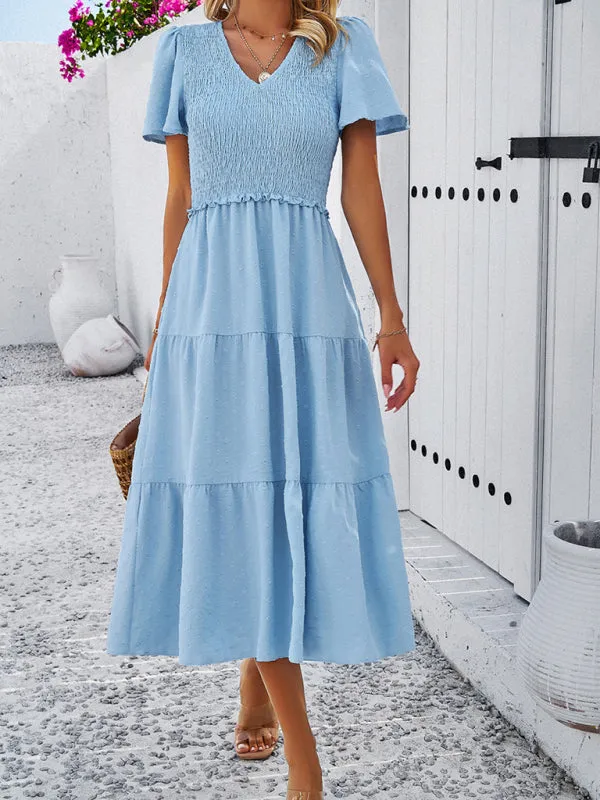 V-neck Polka Dot Midi Dress with Smocked Bodice and Puff Sleeves