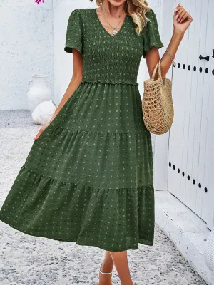 V-neck Polka Dot Midi Dress with Smocked Bodice and Puff Sleeves