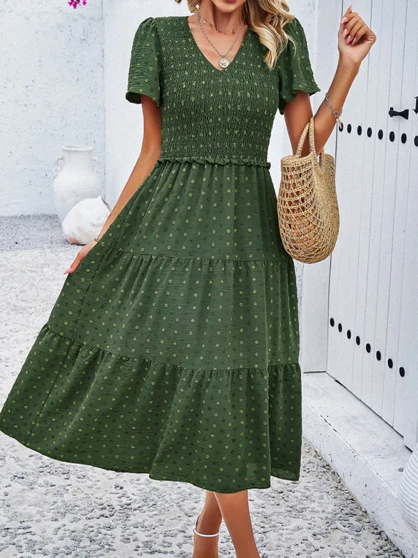 V-neck Polka Dot Midi Dress with Smocked Bodice and Puff Sleeves