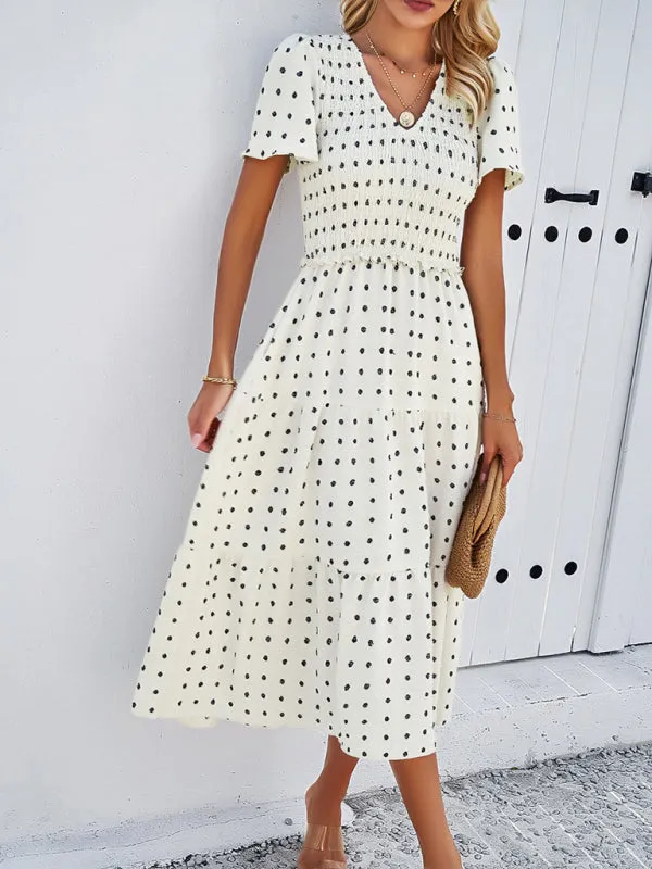 V-neck Polka Dot Midi Dress with Smocked Bodice and Puff Sleeves