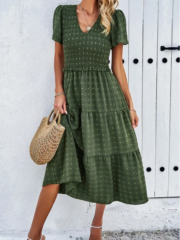 V-neck Polka Dot Midi Dress with Smocked Bodice and Puff Sleeves