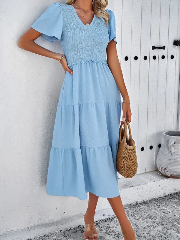 V-neck Polka Dot Midi Dress with Smocked Bodice and Puff Sleeves