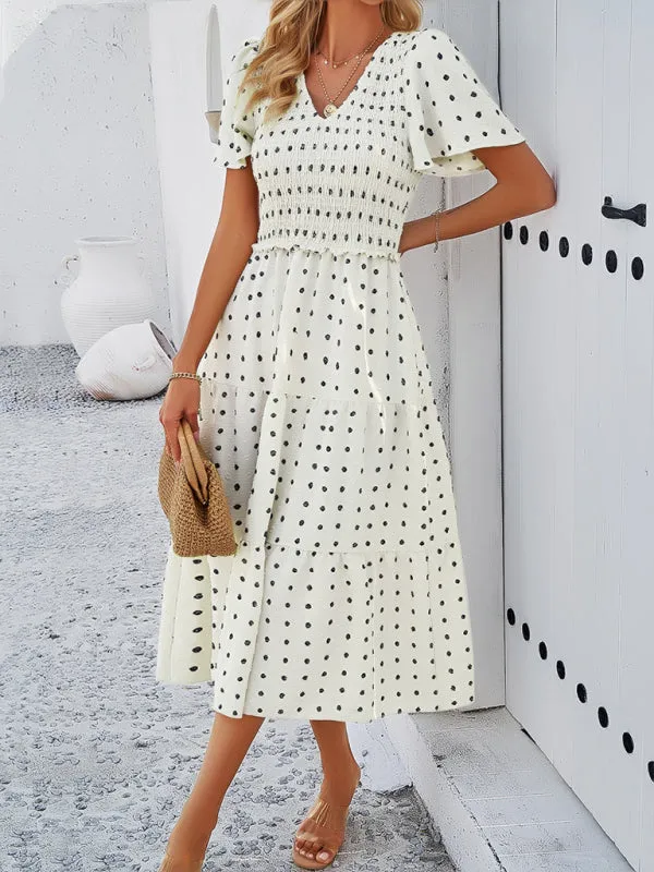 V-neck Polka Dot Midi Dress with Smocked Bodice and Puff Sleeves