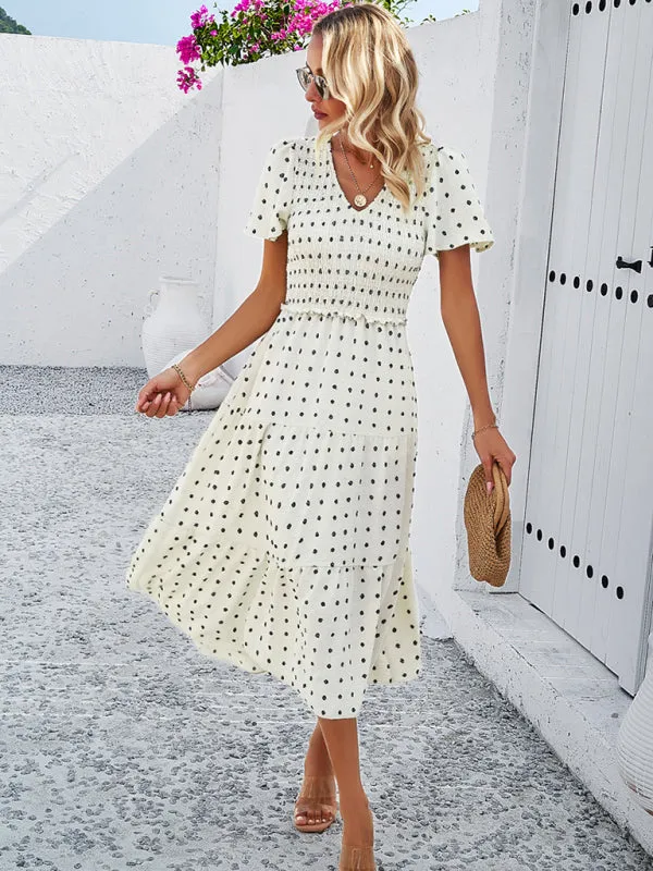 V-neck Polka Dot Midi Dress with Smocked Bodice and Puff Sleeves