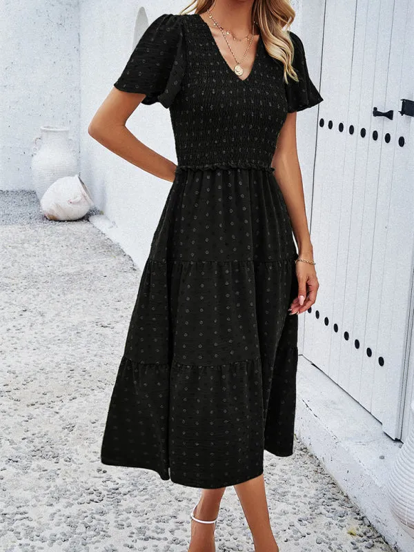 V-neck Polka Dot Midi Dress with Smocked Bodice and Puff Sleeves