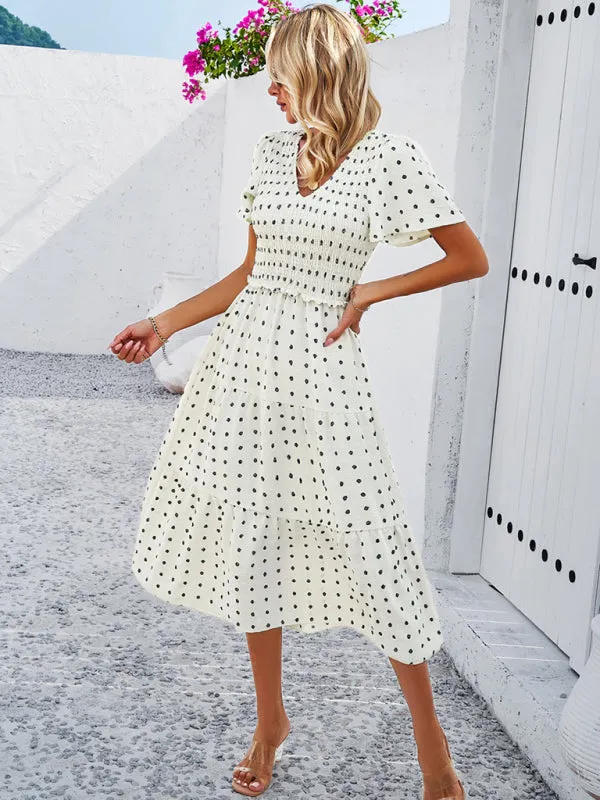 V-neck Polka Dot Midi Dress with Smocked Bodice and Puff Sleeves